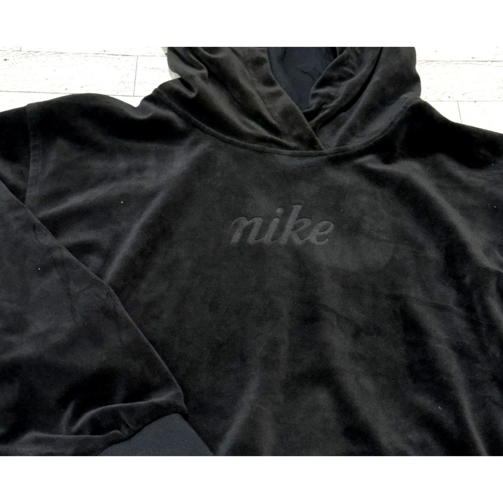 Women's Nike Sportswear Velour Pullover Hoodie Black Embossed Script Logo LARGE